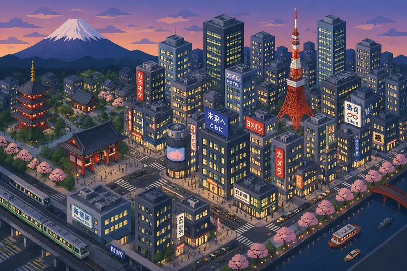 Moderni japanilainen kaupunkimaisema iltahämärässä Moderni japanilainen kaupunkimaisema iltahämärässä